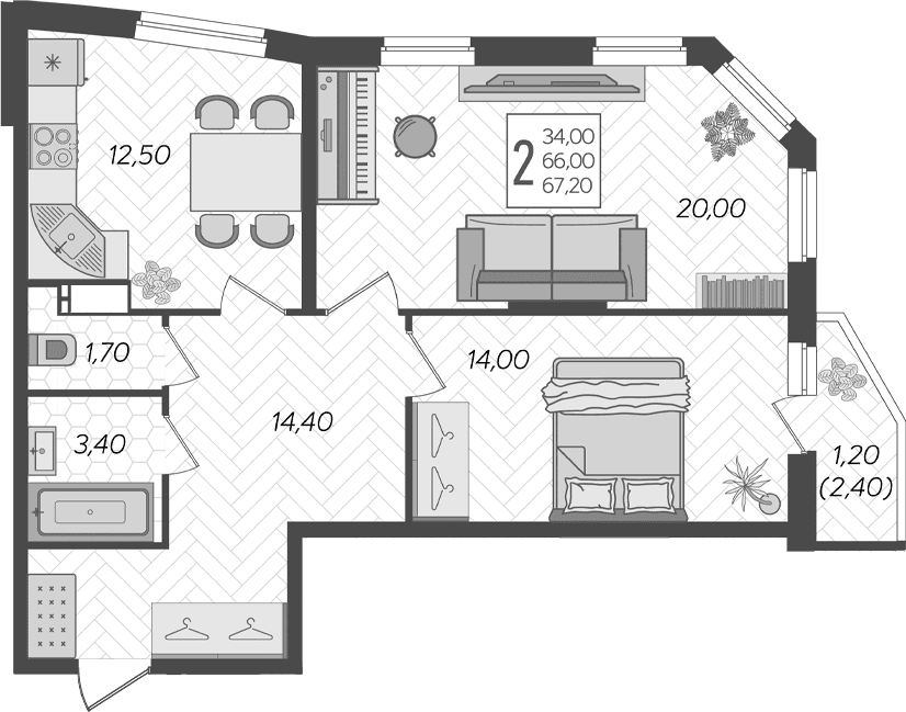 Продается 2-комн. квартира, 66 м²