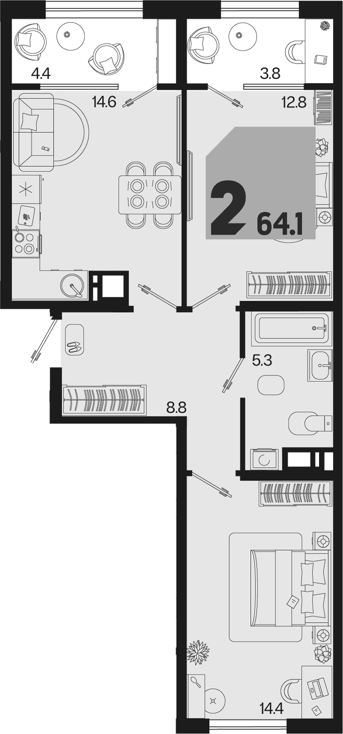 Продается 2-комн. квартира, 55.9 м²