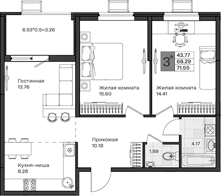 Продается 3-комн. квартира, 68.29 м²