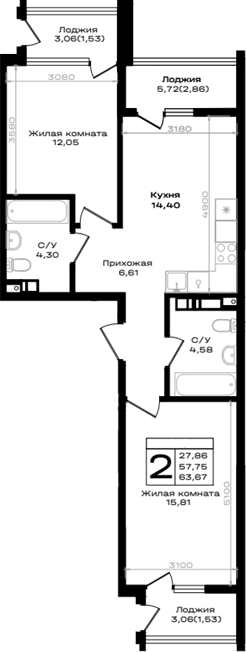 Продается 2-комн. квартира, 57.75 м²
