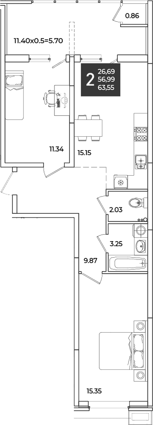 Продается 2-комн. квартира, 56.99 м²