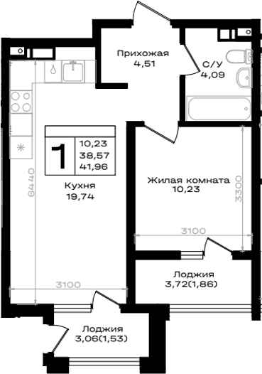 Продается 1-комн. квартира, 38.57 м²