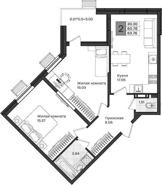 Продается 2-комн. квартира, 60.76 м²