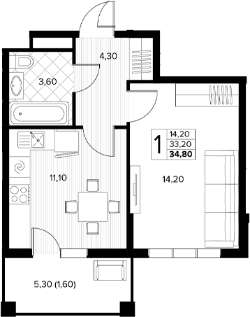 Продается 1-комн. квартира, 33.2 м²