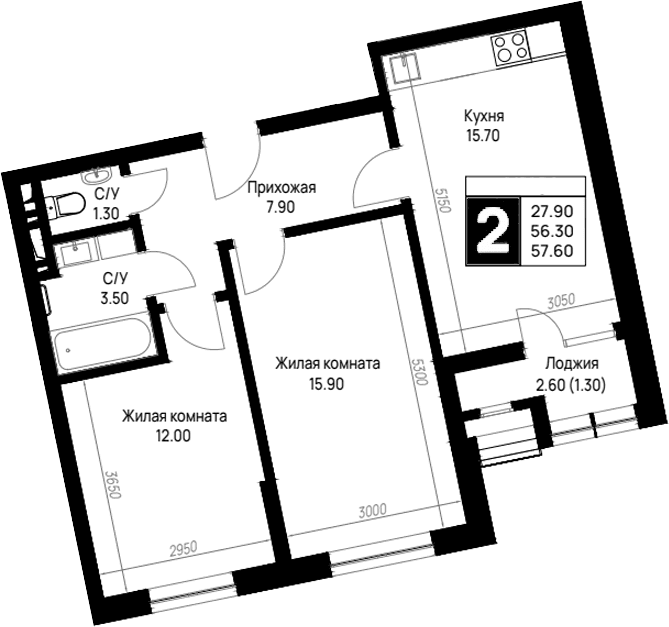 Продается 2-комн. квартира, 56.3 м²