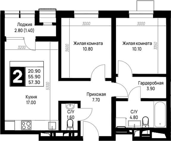 Продается 2-комн. квартира, 55.9 м²