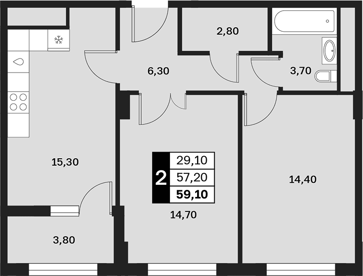 Продается 2-комн. квартира, 57.2 м²