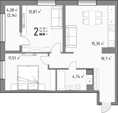 Продается 2-комн. квартира, 54.73 м²