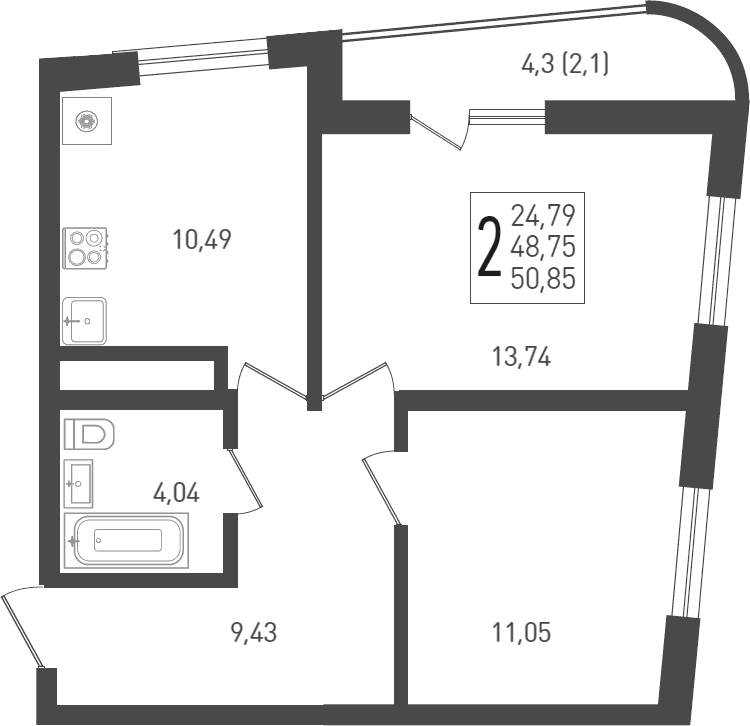 Продается 2-комн. квартира, 48.75 м²