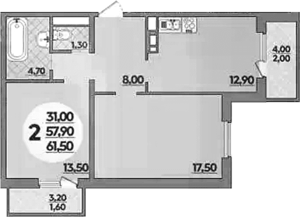 Продается 2-комн. квартира, 57.9 м²