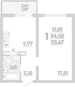 Продается 1-комн. квартира, 34.58 м²