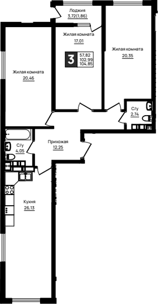Продается 3-комн. квартира, 102.99 м²