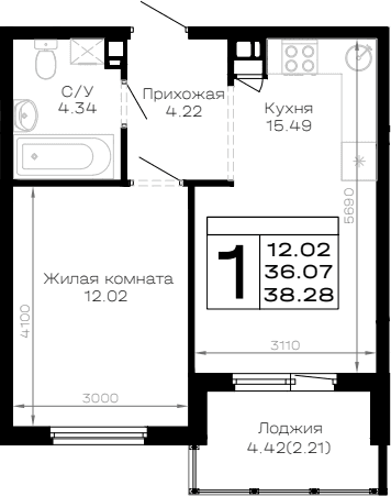 Продается 1-комн. квартира, 36.07 м²
