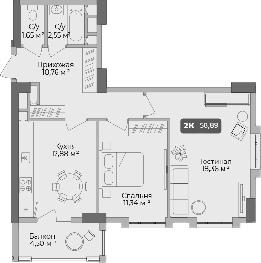 Продается 2-комн. квартира, 57.54 м²