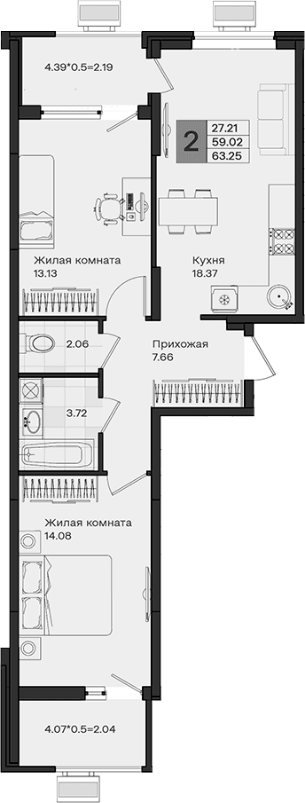 Продается 2-комн. квартира, 59.02 м²