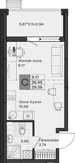 Продается 1-комн. квартира, 26.45 м²
