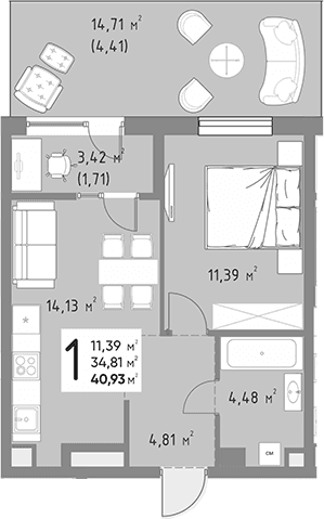 Продается 1-комн. квартира, 34.81 м²