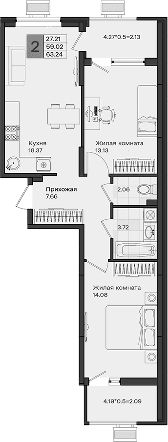 Продается 2-комн. квартира, 59.02 м²