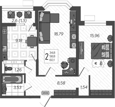Продается 2-комн. квартира, 58.8 м²