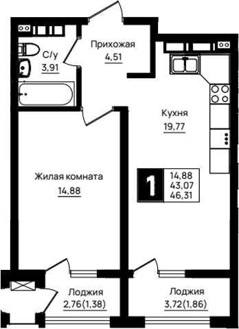 Продается 1-комн. квартира, 43.07 м²