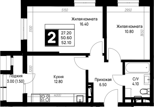 Продается 2-комн. квартира, 50.6 м²