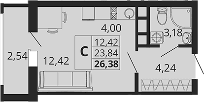 Продается 1-комн. квартира, 23.84 м²