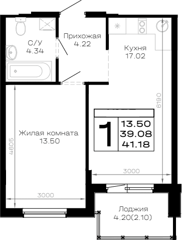 Продается 1-комн. квартира, 39.08 м²