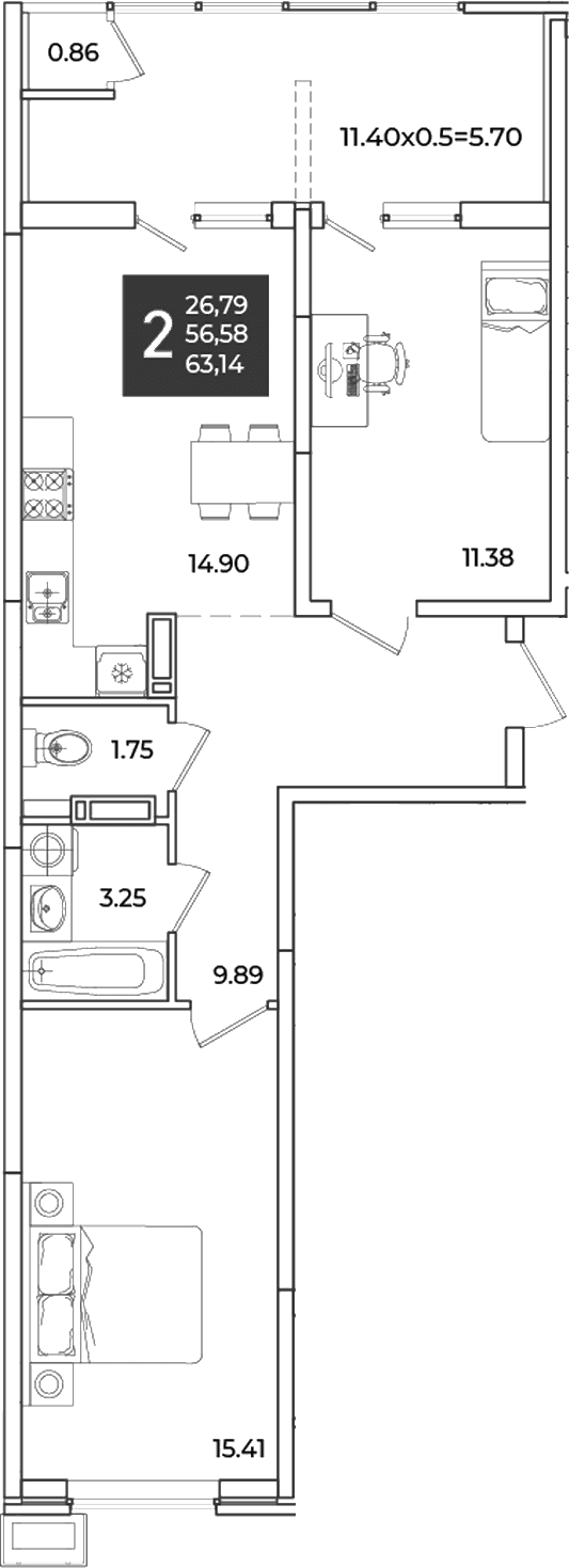 Продается 2-комн. квартира, 56.58 м²