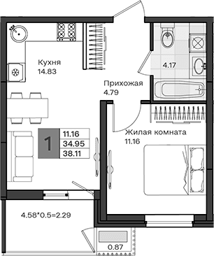 Продается 1-комн. квартира, 34.95 м²