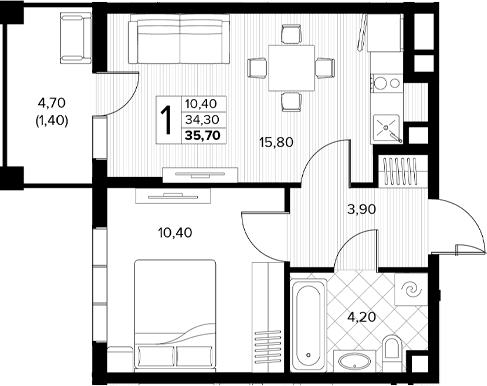 Продается 1-комн. квартира, 34.3 м²