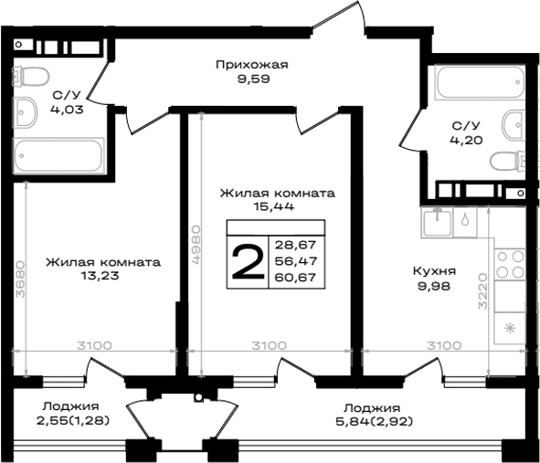 Продается 2-комн. квартира, 56.47 м²