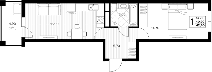 Продается 1-комн. квартира, 40.9 м²