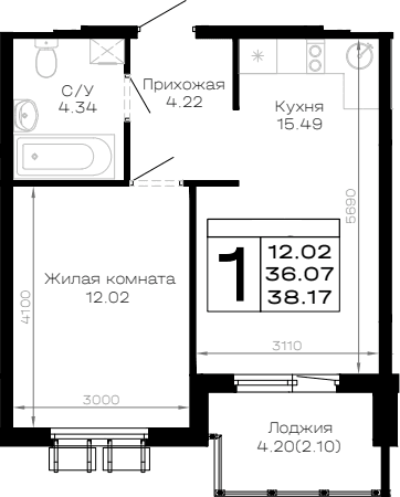 Продается 1-комн. квартира, 36.07 м²