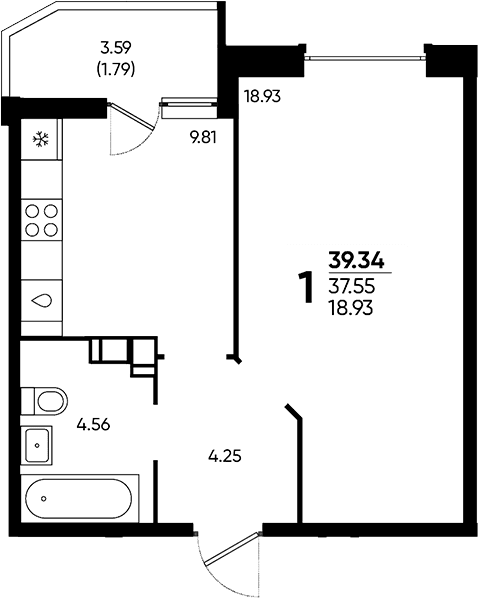 Продается 1-комн. квартира, 37.55 м²