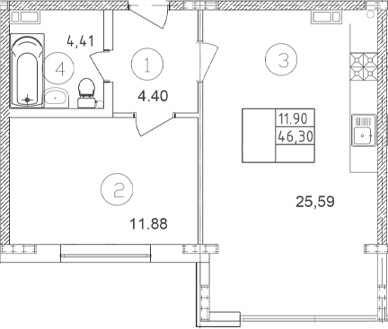 Продается 1-комн. квартира, 46.3 м²