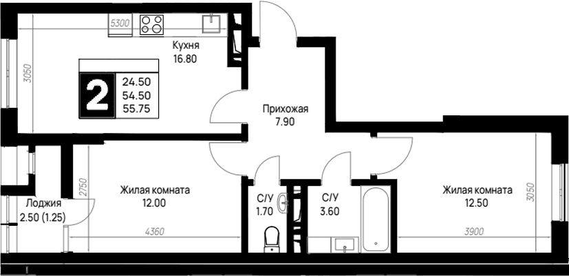 Продается 2-комн. квартира, 54.5 м²