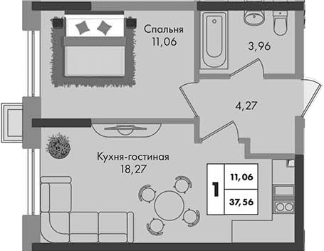 Продается 1-комн. квартира, 37.56 м²