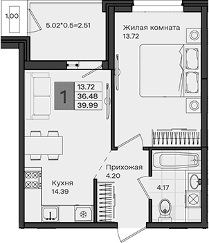Продается 1-комн. квартира, 36.48 м²