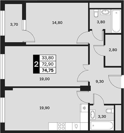 Продается 2-комн. квартира, 72.9 м²