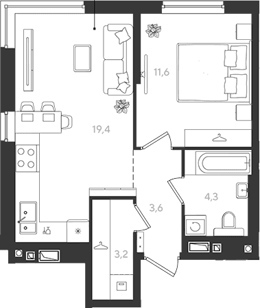 Продается 1-комн. квартира, 42.1 м²