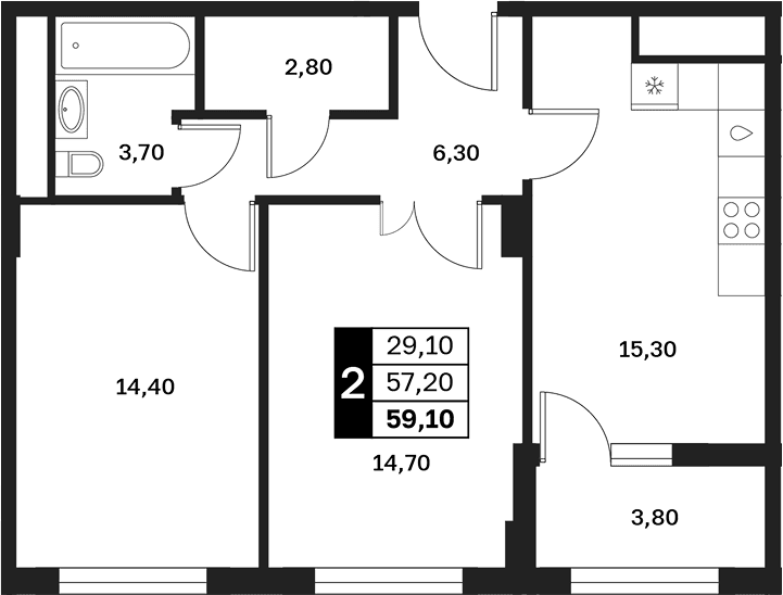 Продается 2-комн. квартира, 57.2 м²