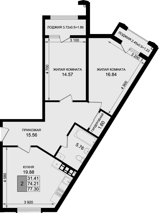 Продается 2-комн. квартира, 74.21 м²