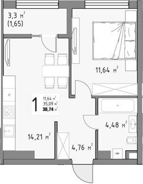Продается 1-комн. квартира, 35.09 м²