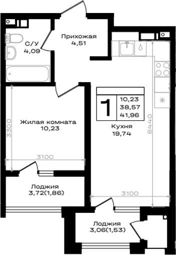 Продается 1-комн. квартира, 38.57 м²