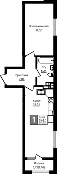 Продается 1-комн. квартира, 52.87 м²