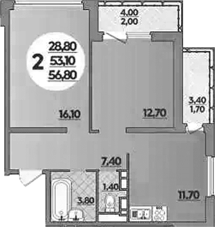 Продается 2-комн. квартира, 53.1 м²