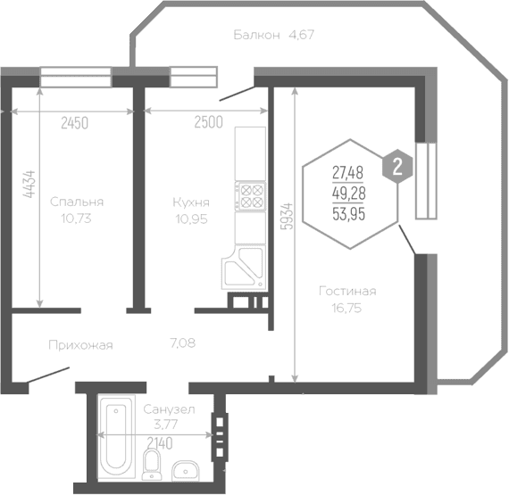 Продается 2-комн. квартира, 49.33 м²