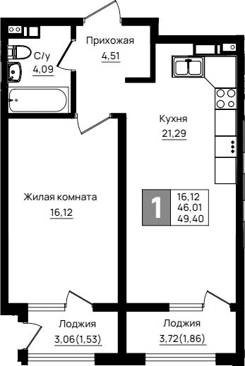 Продается 1-комн. квартира, 46.01 м²