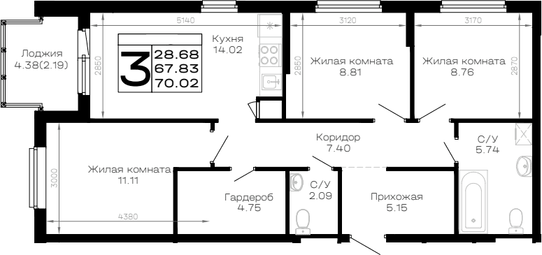 Продается 3-комн. квартира, 67.83 м²