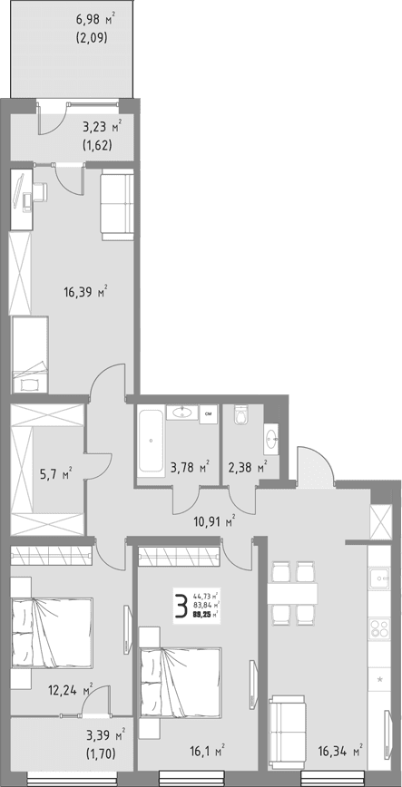 Продается 3-комн. квартира, 83.84 м²